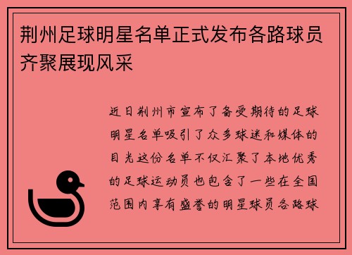荆州足球明星名单正式发布各路球员齐聚展现风采